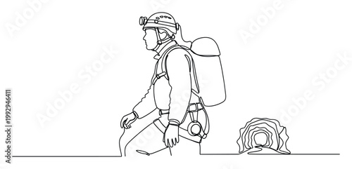 Caver equipped with helmet and headlamp exploring a cave entrance drawn in a continuous single line style for adventure travel graphics