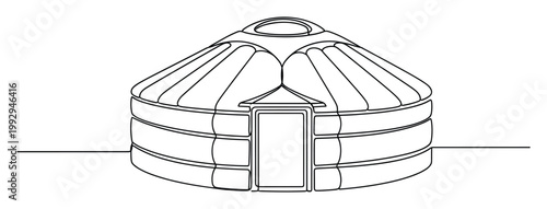 Continuous line drawing of a traditional portable round yurt dwelling used by nomads for cultural projects and travel blogs