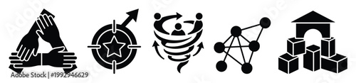 Corporate icon collection symbolizing collaborative success, strategic goals, dynamic teamwork, global connectivity, and foundational business building.