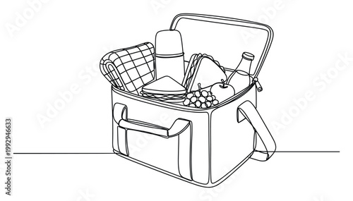 One line drawing of open cooler bag with picnic food, drinks, and blanket for summer outdoor activities