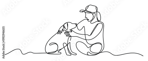 Continuous line drawing of person petting dog, symbolizing care and companionship, great for animal lover content