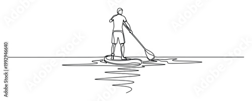 Continuous line drawing of a person stand up paddleboarding on calm water, perfect for active lifestyle and summer adventure themes