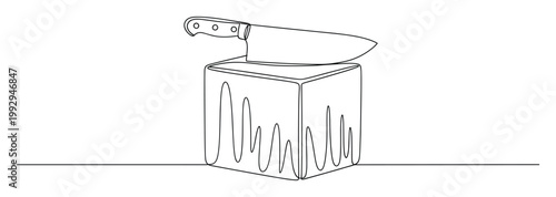 Minimalist kitchen knife and chopping block continuous line drawing for cooking blogs and culinary presentations