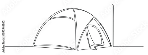 Continuous line drawing of a camping tent for outdoor adventure travel and minimalist graphic design applications