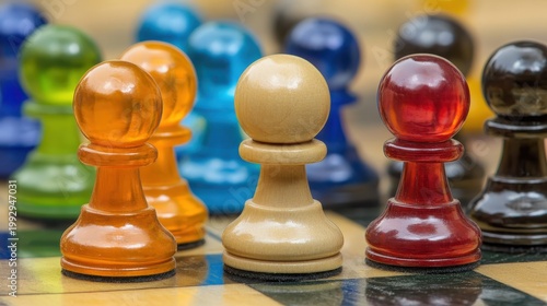 Closeup of a beige chess pawn strategically positioned on a game board amidst other colored pieces, highlighting strategic gameplay and intellectual challenge.