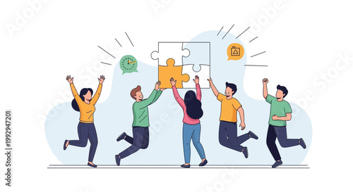 Teamwork puzzle success, people assembling jigsaw pieces, collaboration and achievement