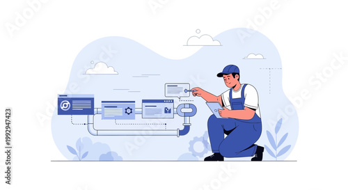 Technician working on digital workflow, data processing, and system optimization