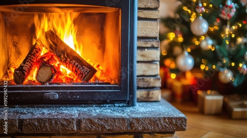 Crackling Fireplace with Festive Christmas Tree and Gifts Creating a Cozy Holiday Atmosphere