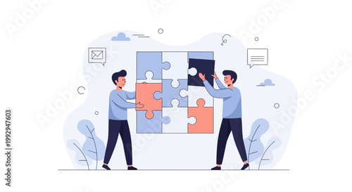 Two men assembling a jigsaw puzzle, teamwork and problem-solving concept illustration