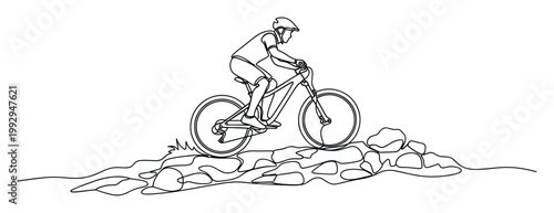 Single continuous line drawing of a person riding a mountain bike over a rocky trail, ideal for sports event promotions and fitness branding