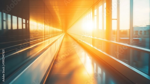 Bright Sunlight Illuminating an Empty Modern Airport Hallway, Conveying a Sense of Business Travel and Motion
