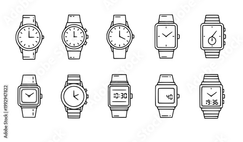Wristwatch outline icon set analog digital watch line vector collection