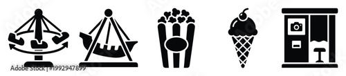 Amusement park icons featuring fairground rides, tasty snacks, and a fun photo booth for various graphic designs