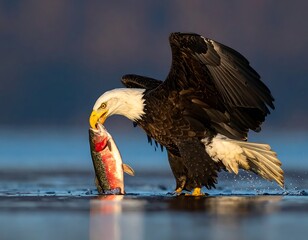 A bald eagle catching a fish in water