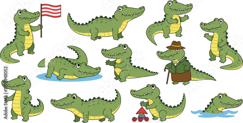 Cute crocodile cartoon vector set in flat style, funny alligator characters collection with different poses for kids design and wildlife illustration