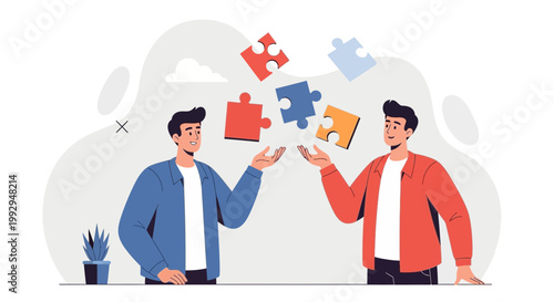 Two men juggling puzzle pieces, teamwork and problem solving concept