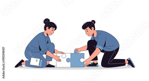 Two people collaborating to assemble a jigsaw puzzle, symbolizing teamwork and problem-solving.