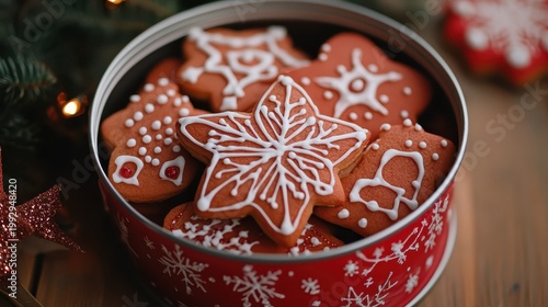 Festive Holiday Gingerbread Christmas Cookies With White Icing In A Decorative Tin