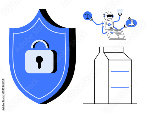 Cybersecurity, artificial intelligence, science research, packaging, data protection, robotics. A blue shield with a lock, a robot conducting science and a simple packaging design. Cybersecurity