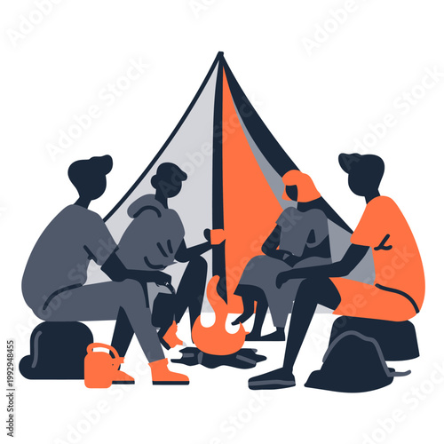 Flat vector illustration of people sitting around campfire near tent, enjoying night camping and socializing outdoors.