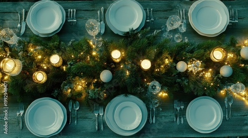 Festive overhead view of a Christmas dining table setting with evergreen garland and twinkling lights
