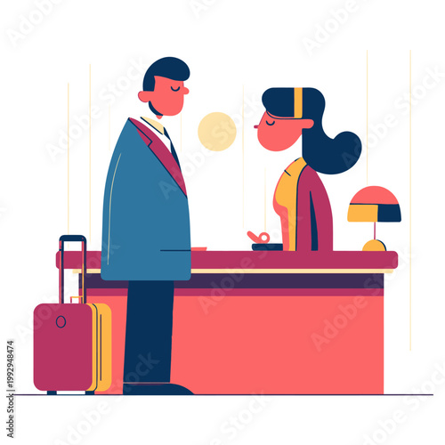 Flat vector illustration of hotel receptionist helping guest at reception desk with luggage, representing hospitality and customer service.