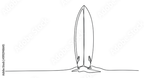 Continuous line drawing of a surfboard standing on sand, perfect for summer sports and vacation campaigns.