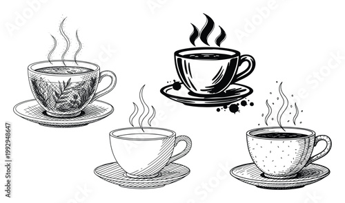 Hand drawn sketch style collection of hot beverage cups with steam for cafe menus and restaurant branding