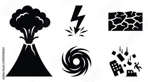 Volcano, lightning, drought, hurricane, earthquake symbols for natural disaster emergency alerts