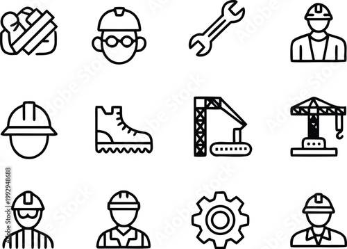 Construction worker icon set, engineering tools and safety gear outline, industrial labor symbols, crane machinery vector, minimal line design, cad drawing flat vector illustration