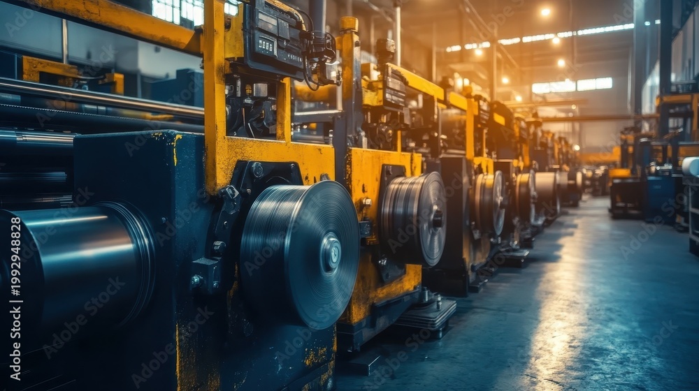 Fototapeta premium Industrial manufacturing machinery operating with large spools of metal wire in a bustling factory production line