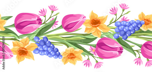 Seamless pattern with flowers. Spring muscari, tulip and narcissus.