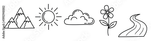 Simple hand drawn nature and weather doodle icons for educational projects or graphic design applications