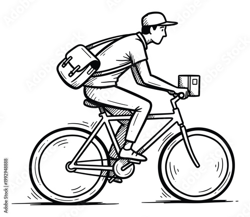 Courier man on bicycle with delivery bag and package for urban service and healthy lifestyle themes