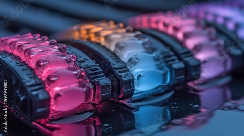 Intricate microchip circuitry glowing with vibrant pink, blue, and orange illumination, showcasing advanced technological design.