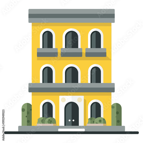 Stylized multi story yellow building with windows and entrance, urban architecture and real estate concept.
