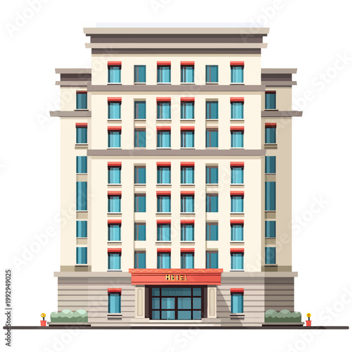 Elegant multi floor hotel facade with symmetrical windows and entrance, traditional city accommodation concept.