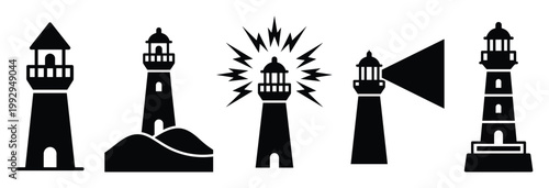 Collection of black silhouette lighthouse symbols for marine navigation, guidance, and warning signs
