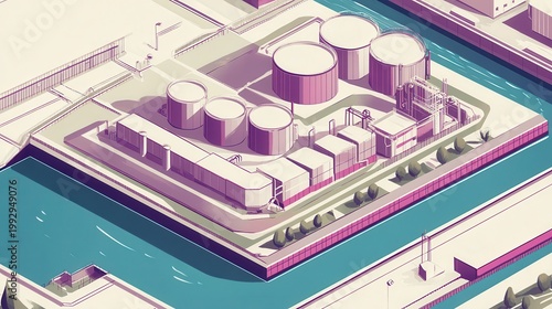 Isometric view of a sprawling industrial complex with towering silos and manufacturing buildings situated beside a calm waterway