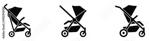 Baby stroller pram silhouette icons for infant transport graphics applications
