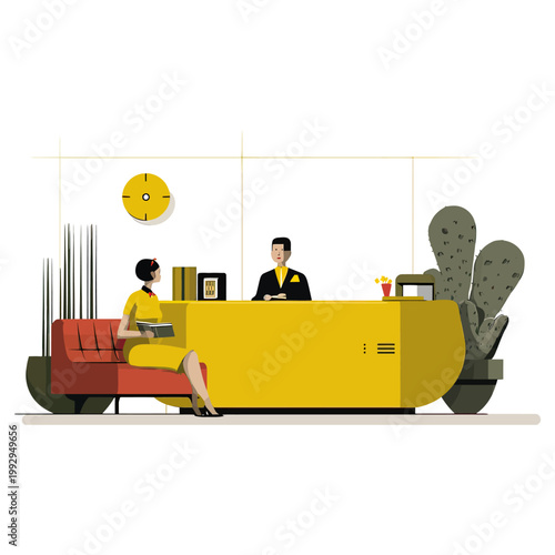 Stylized hotel reception desk with receptionist and guest, illustrating check-in process, hospitality service, and modern interior design.