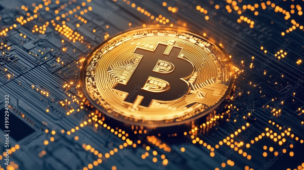 Fototapeta premium Golden Bitcoin Cryptocurrency Coin on Digital Circuit Board with Glowing Data Lines Representing Future Finance