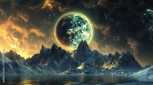 Otherworldly planet glowing above majestic snowy mountains under a dramatic starry night sky