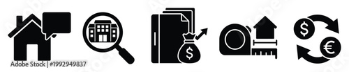 Real estate investment and property management icons for financial planning and home improvement projects
