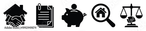 Real estate process icons for home buying, property investment, savings and legal agreements in housing market.