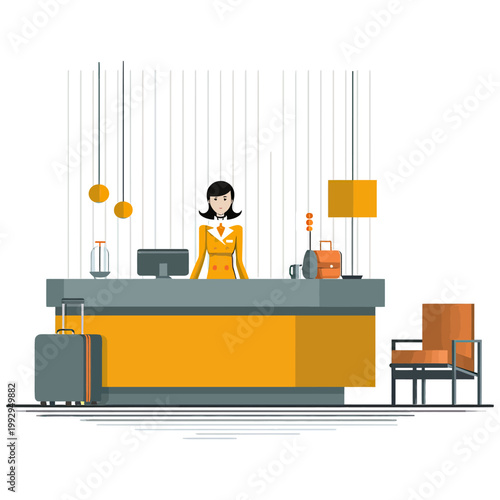 Receptionist standing behind hotel desk with luggage nearby, representing travel check-in, customer service, and hospitality environment.