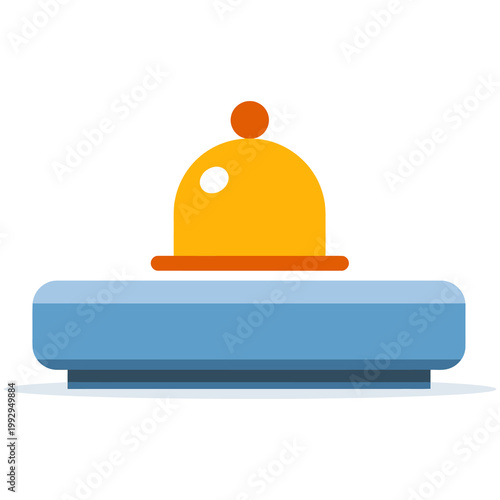Colorful service bell on counter representing hotel reception, guest service, and hospitality assistance in modern flat style.