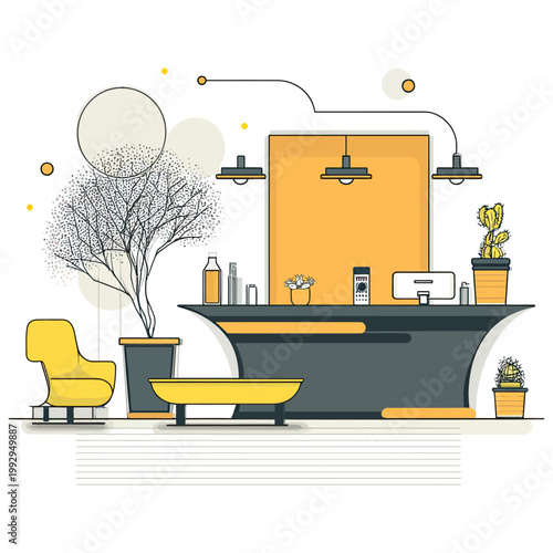Stylish reception area with desk, plants, and seating, illustrating modern interior design and welcoming hospitality environment.