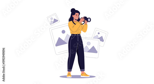 Woman photographer with camera, surrounded by abstract images and geometric shapes