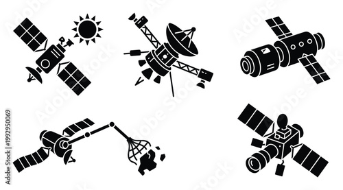 Essential set of satellite technology icons showcasing communication, observation, and space debris solutions